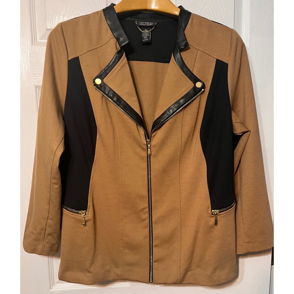 Catherines Black Label Plus 0X Camel Black Colorblock Faux Leather Moto Jacket
